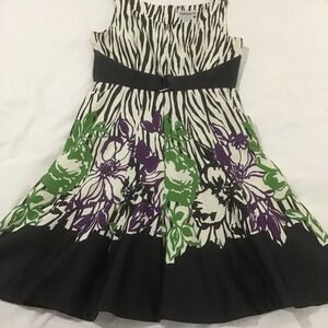 Danny & Nicole Green Purple Cream Black Floral Fit & Flare Dress w/Waist Detail